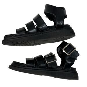 Vintage 90s Chunky Black Sandals Womens 8 Faux Leather Gryphon Fisherman Lug